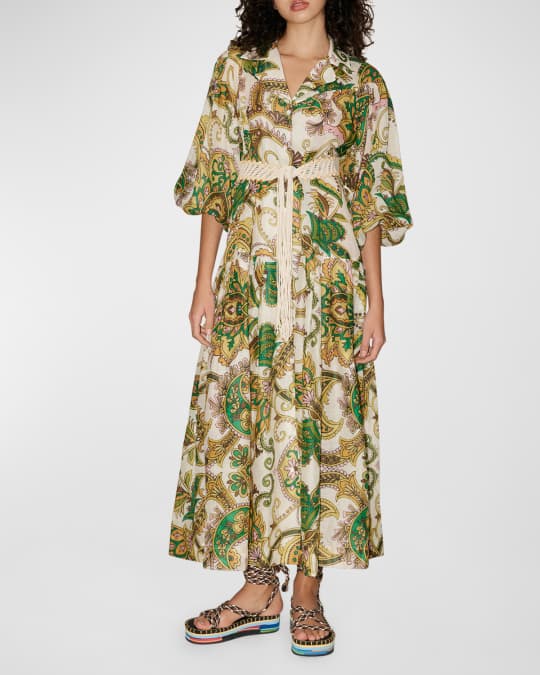 ALEMAIS Octavia V-Neck Belted Paisley Midi Shirtdress | Neiman Marcus