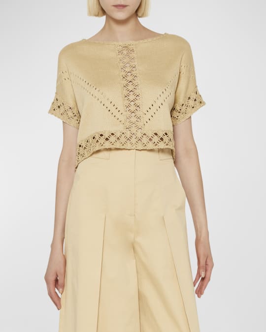 Alberta Ferretti Crochet-Trim Short-Sleeve Crop Sweater | Neiman Marcus