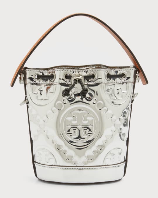 Tory Burch Mini T Monogram-Embossed Metallic Bucket Bag Silver