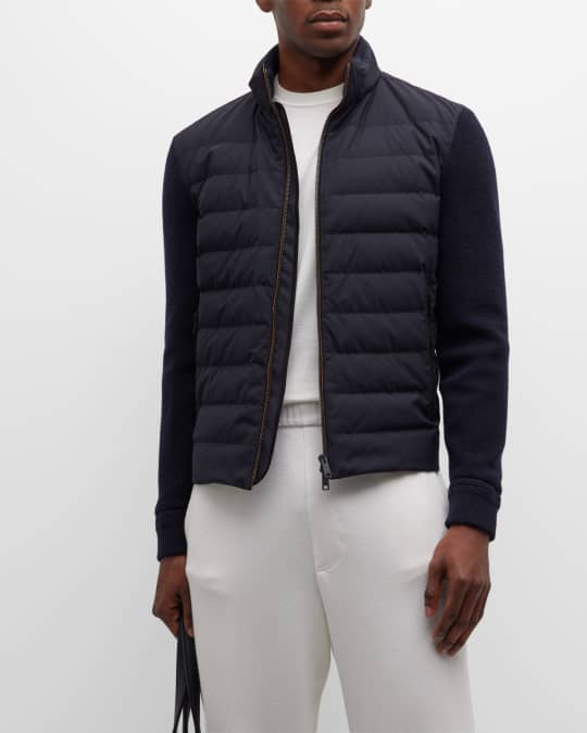 Mens puffer jacket store with knit sleeves