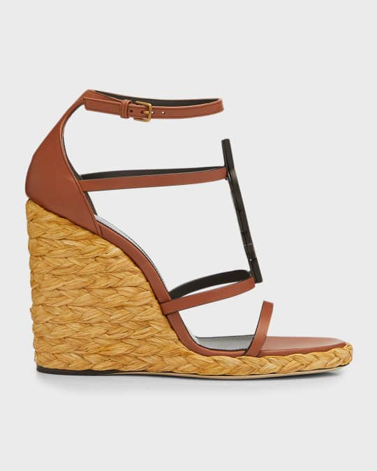 Saint Laurent Cassandra YSL Leather Wedge Espadrilles | Neiman Marcus