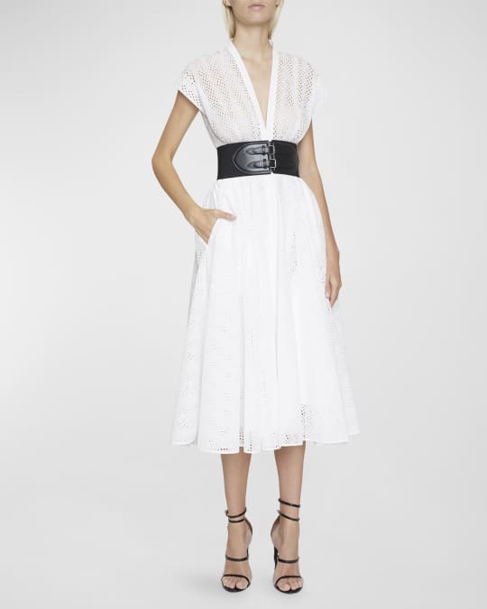 ALAIA Circle Eyelet Belted Midi Dress | Neiman Marcus