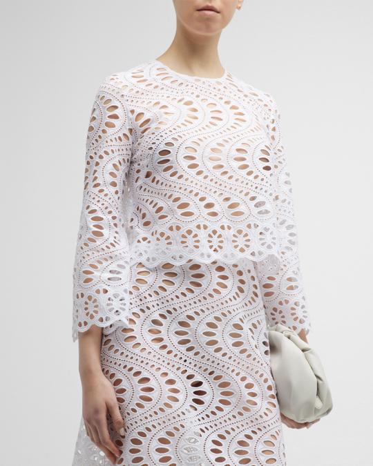Giambattista Valli Wavy Eyelet Embroidered Crop T-Shirt | Neiman
