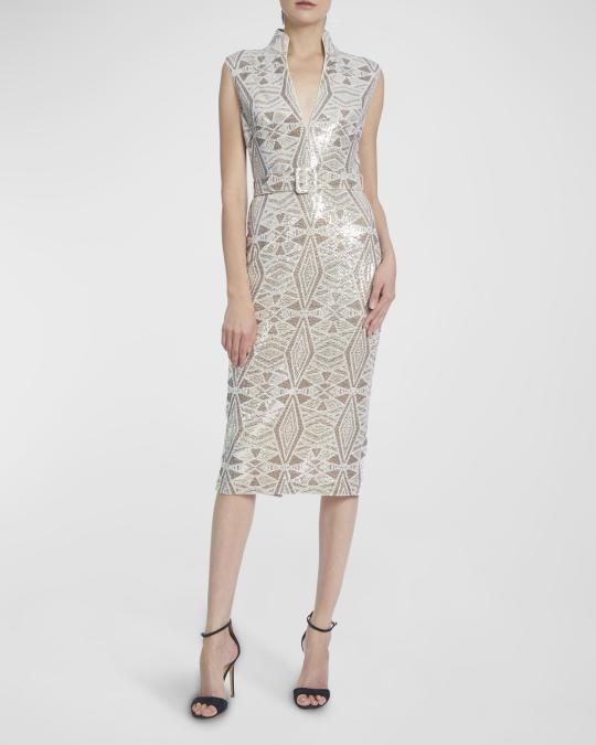 badgley mischka sequin sheath dress Sequin Side Drape Cocktail Dress