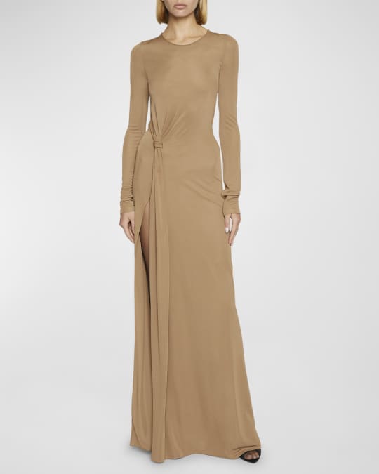 Saint Laurent Long Sleeve Gown w/ Knot Detail | Neiman Marcus