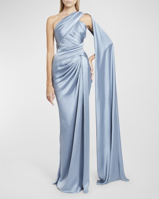 Draped One Shoulder Thigh Slit Satin Gown