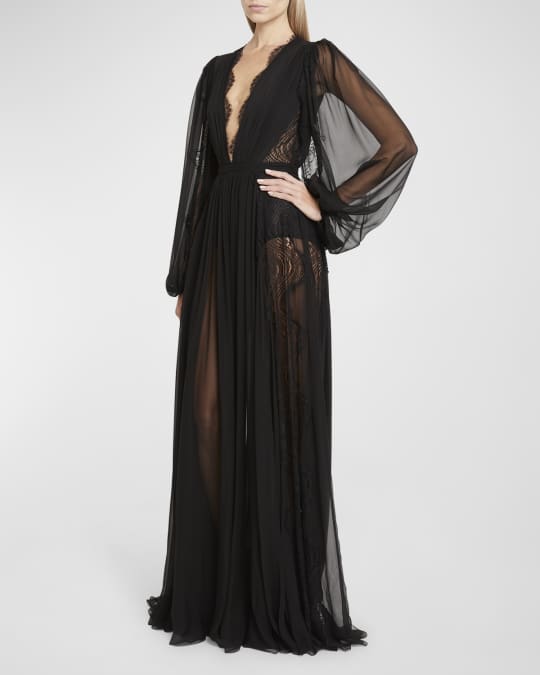 Plunging Long Sleeve Lace Pleated Chiffon Gown