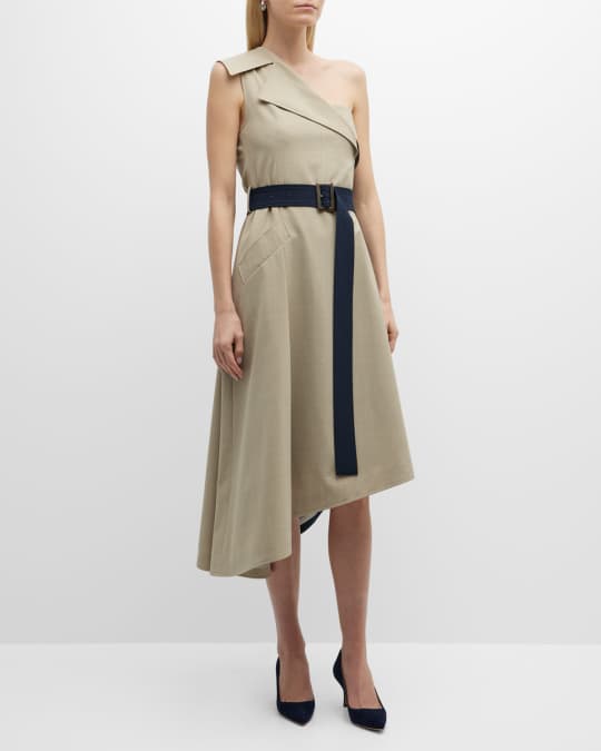 ADEAM Bricolage Colorblock Belted One-Shoulder Midi Dress | Neiman Marcus