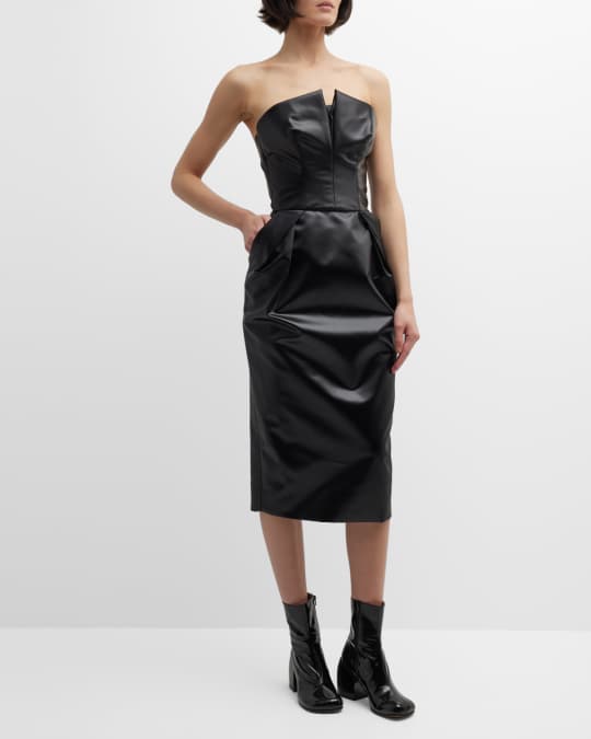 Maison Margiela Strapless Faux Leather Gathered Midi Dress | Neiman Marcus