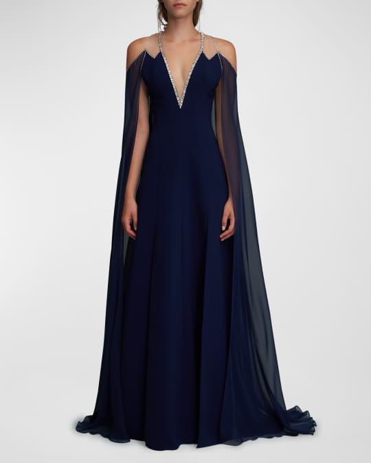 Jenny Packham Vivien Crystal Plunging Cold Shoulder Cape Gown