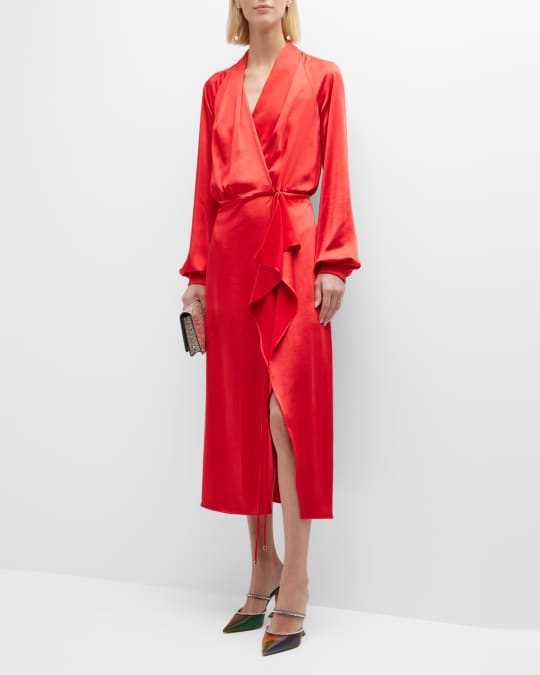 PINKO Los Terales Faux-Wrap Satin Midi Dress | Neiman Marcus