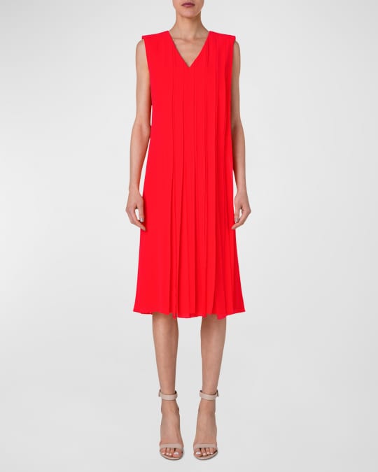 Akris Silk Georgette Pleated Midi Dress with Shoulder Pads | Neiman Marcus