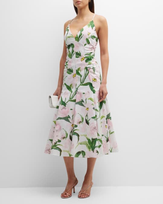 Carolina Herrera Floral Print Ruched V-Neck Midi Dress | Neiman Marcus
