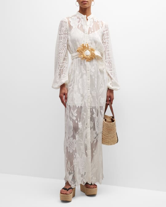 Hemant & Nandita Long Belted Button-Front Lace Shirtdress | Neiman Marcus