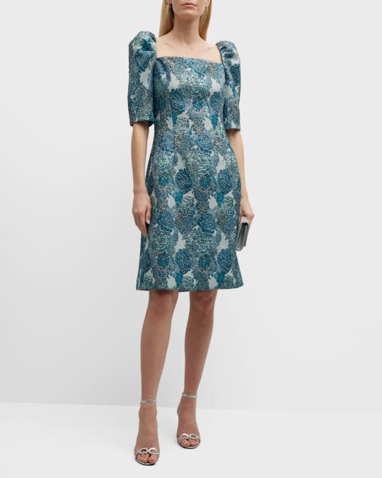 rickie freeman for teri jon puff-sleeve jacquard cocktail dress Metallic Jacquard Floral Puff Sleeve Dress