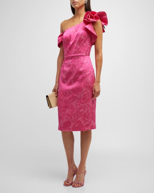 Rickie Freeman for Teri Jon One Shoulder Ruffle Floral Jacquard