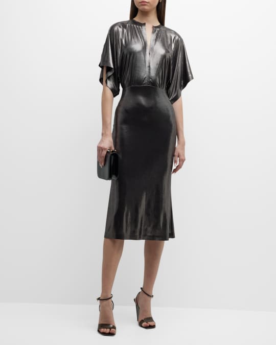 Norma Kamali Obie Split-Neck Lam Midcalf Dress | Neiman Marcus