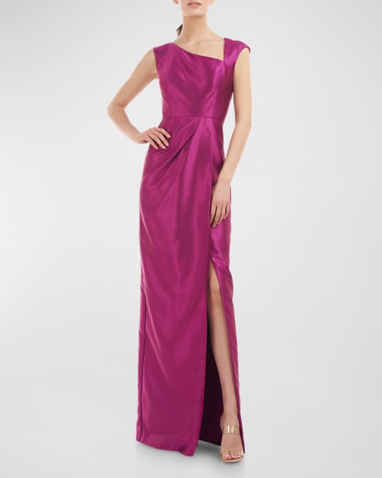 Kay Unger New York Asymmetric Twill Column Gown | Neiman Marcus