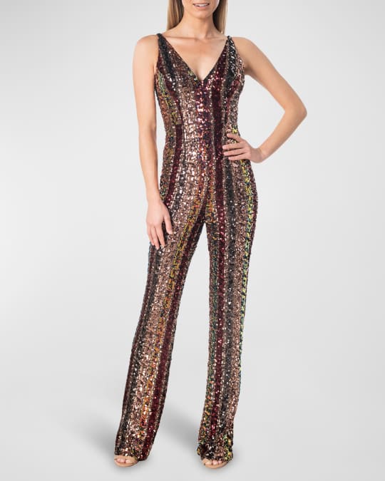 Striped V Neck Sequin Jumpsuit