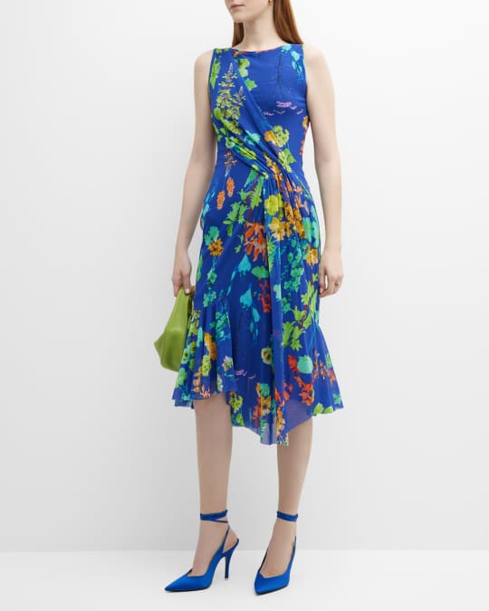 Draped Floral Print Tulle Midi Dress