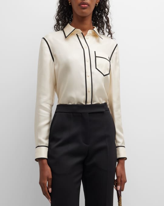 Tory Burch Brigitte Two-Tone Button-Down Silk Shirt | Neiman