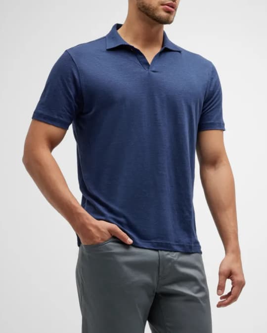 Peter Millar Men's Coastline V-Neck Linen Polo Shirt | Neiman Marcus