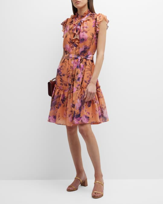 Kobi Halperin Shiloh Floral-Print Ruffle-Trim Midi Dress | Neiman Marcus