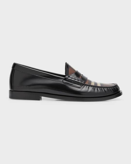 Burberry Men's Shane Check Panel Leather Penny Loafers | Neiman Marcus