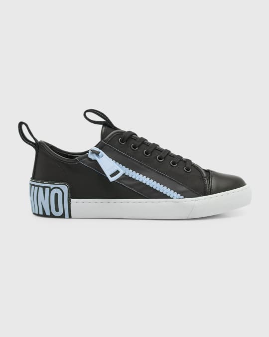 Moschino Men's Maxi Logo Zip Low-Top Sneakers | Neiman Marcus Moschino Men's Maxi Logo Zip Low-Top Sneakers | Neiman Marcus