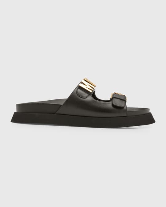 Moschino Men s Buckle Logo Leather Sandals Neiman Marcus