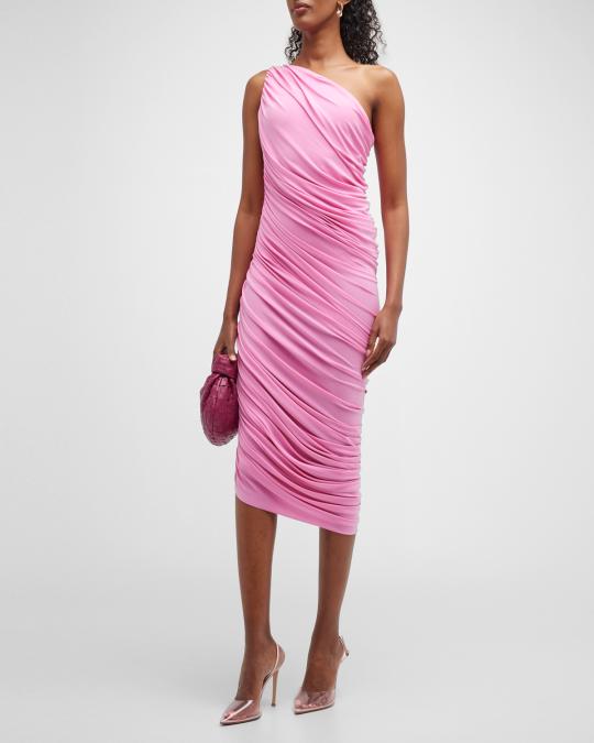 norma kamali diana knee length dress Norma Kamali Diana Shirred One-Shoulder Knee-Length Dress