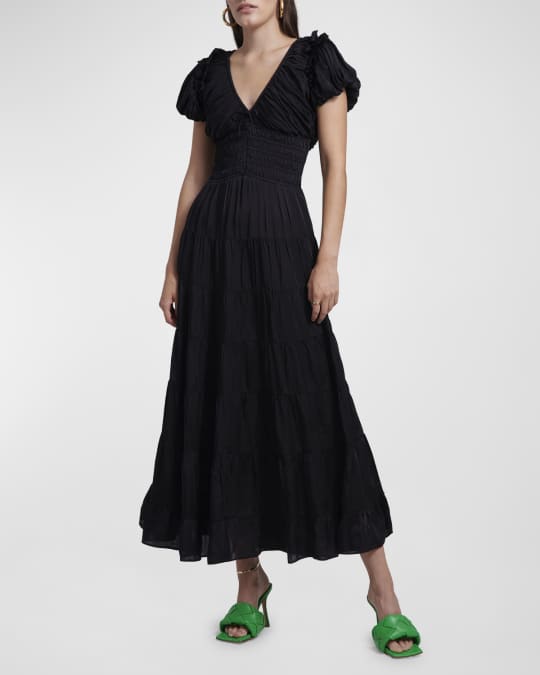 LOVE THE LABEL Caroline Smocked Puff-Sleeve Midi Dress | Neiman Marcus