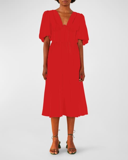 knee length dresses for ladies White Cotton Eyelet Puff Sleeve Midi Dress – FARM Rio main image 1