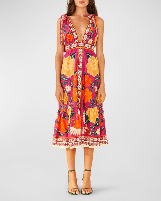Flower Tapestry Tie-Shoulder Midi Dress