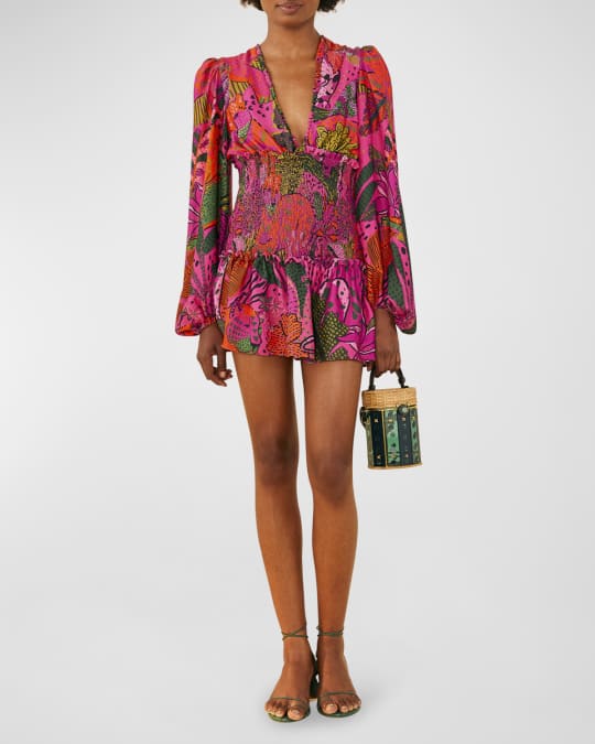 Farm Rio Cool Leopards Puff-Sleeve Ruffled Mini Dress | Neiman Marcus