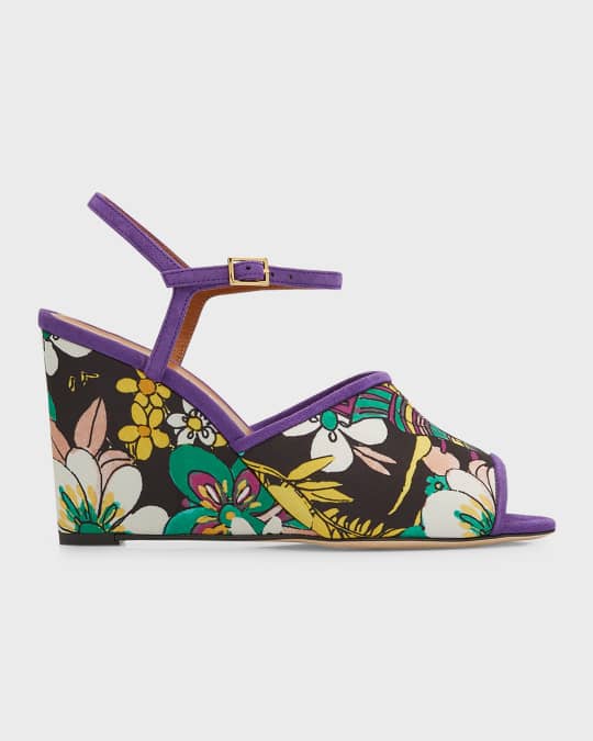 La DoubleJ Floral Ankle Strap Wedge Sandals Neiman Marcus