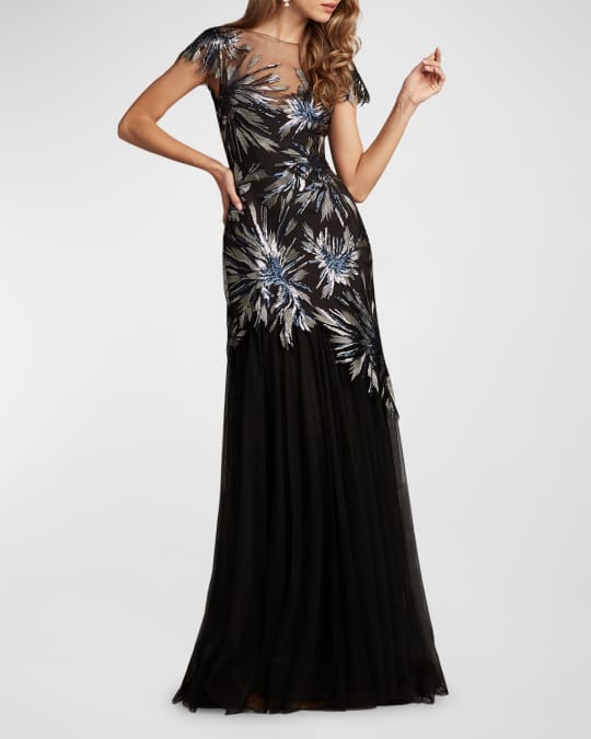 Sequin Embroidered Short Sleeve Tulle Gown
