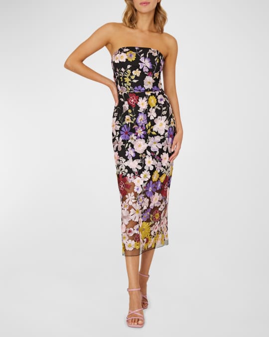 Milly Strapless Floral Embroidered Midi Dress Neiman Marcus