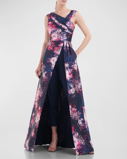 Kay Unger Navy Blue Watercolor Floral Print Silk Halter Dress sz 6