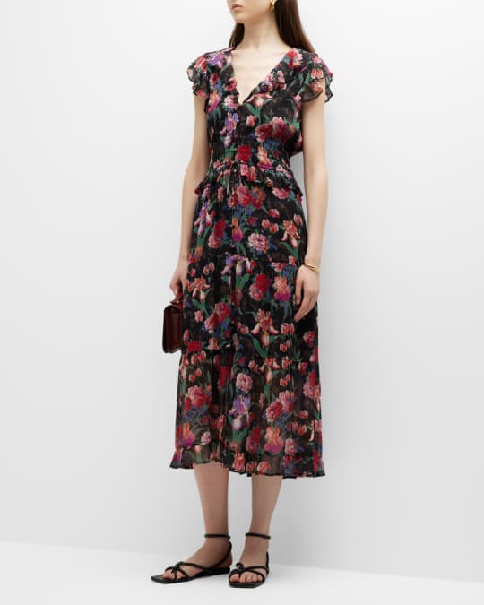 PAIGE Paradise Floral Ruffle A-Line Midi Dress | Neiman Marcus