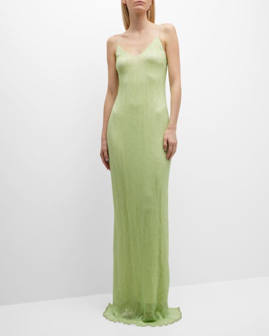 Pleated Sequin Mesh Slip Gown