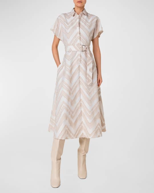 Akris punto Fringed Zigzag Jacquard Midi Dress with Belted Waist