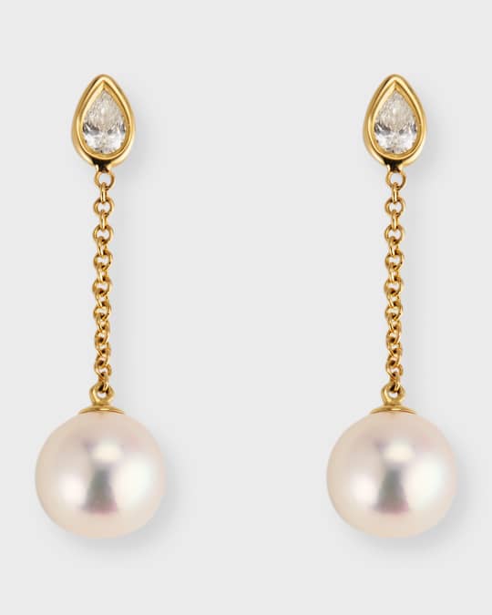 14k Gold Single-Pearl Drop Earrings with Diamonds