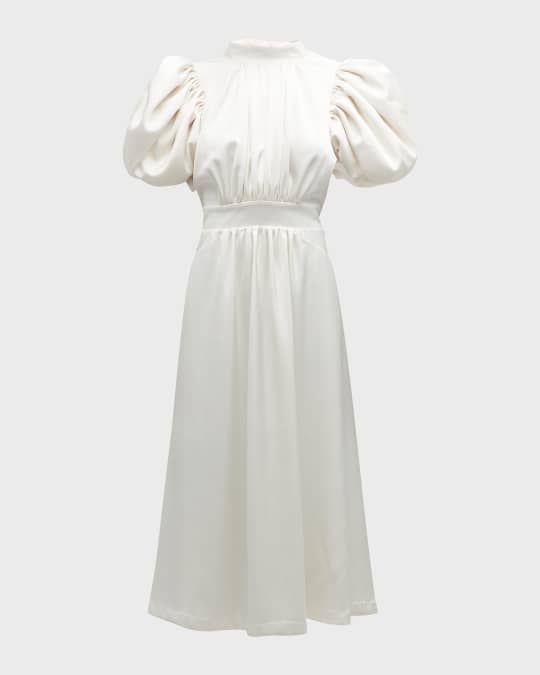 rotate puff sleeve midi dress Jacquard Midi Puffy Dress White