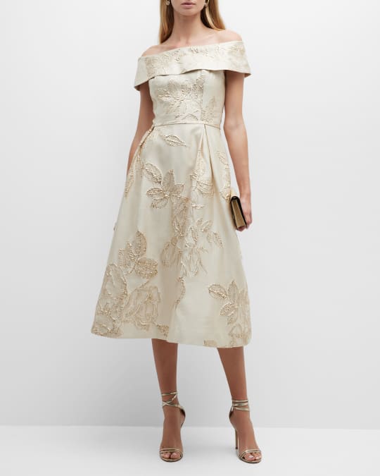 Rickie Freeman for Teri Jon Off Shoulder Pleated Jacquard Midi