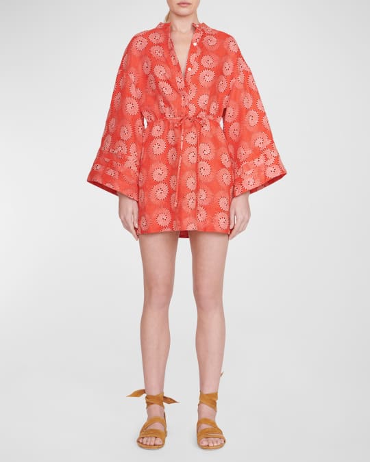 STAUD Karlee Linen Faux-Wrap Mini Kimono Dress | Neiman Marcus