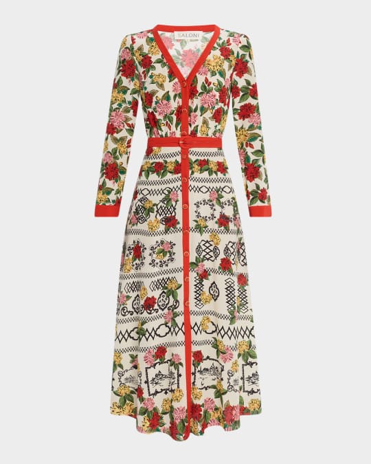 Lea Button-Front Printed Midi Silk Shirtdress