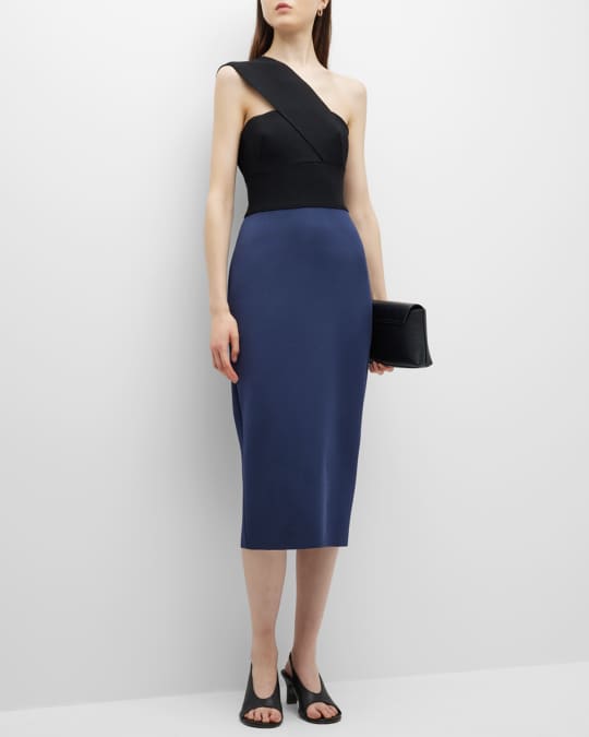 st john one shoulder dress St. John Pleated One-Sleeve Midi Dress