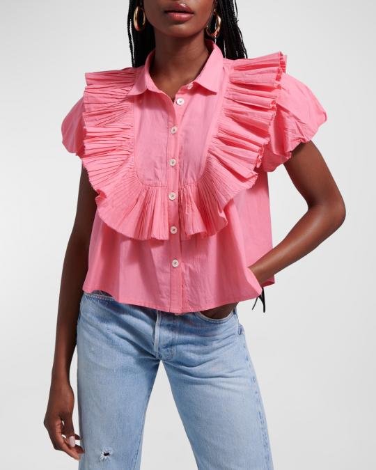 LOVE THE LABEL Gisele Short Puff-Sleeve Ruffle-Bib Cotton Top | Neiman ...