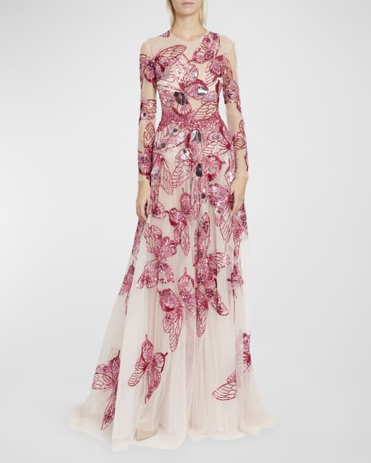 Georges Hobeika Mirror Beaded Butterfly Long-Sleeve Tulle Gown | Neiman  Marcus
